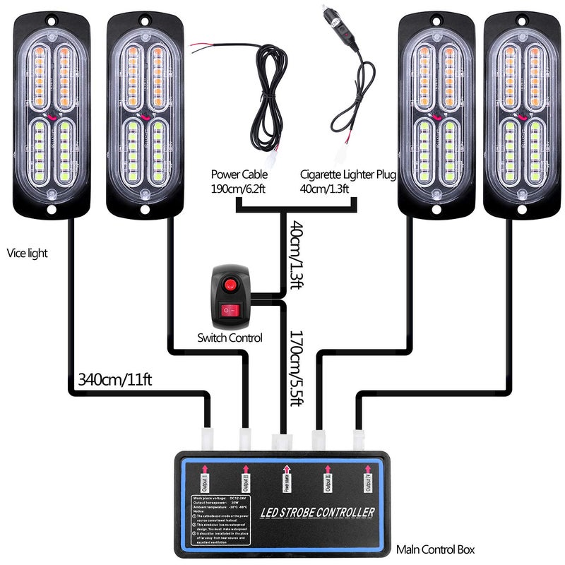 EASE2U E Led Strobe Lights for Trucks Vehicles Suvs, 4pcs 12-24V Emergency Warning Lights Caution Hazard Construction Ultra Slim Sync Feature with Control Box Surface Mount (White Amber) - Image 2